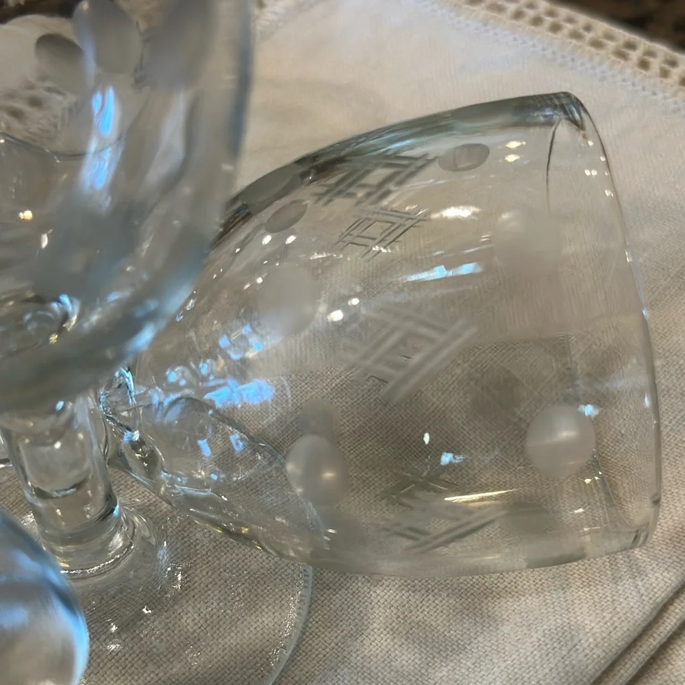 Standard Glass Co Criss Cross and Punties Etched Wine Goblets Set of 3